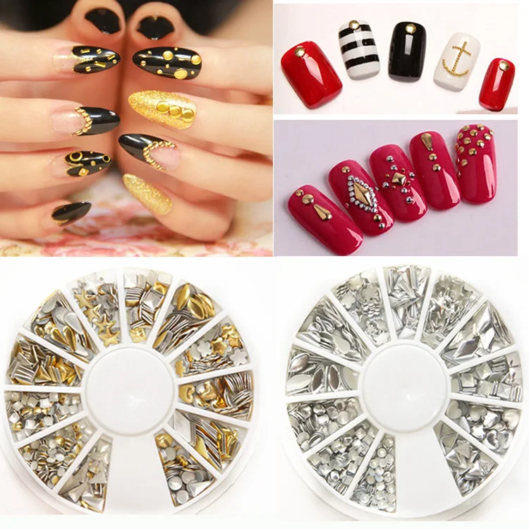 

Free Shipping 2 pcs gold plus silver nail art mixture shapes punk metal alloy rivets studs wheel packing nail art decorations