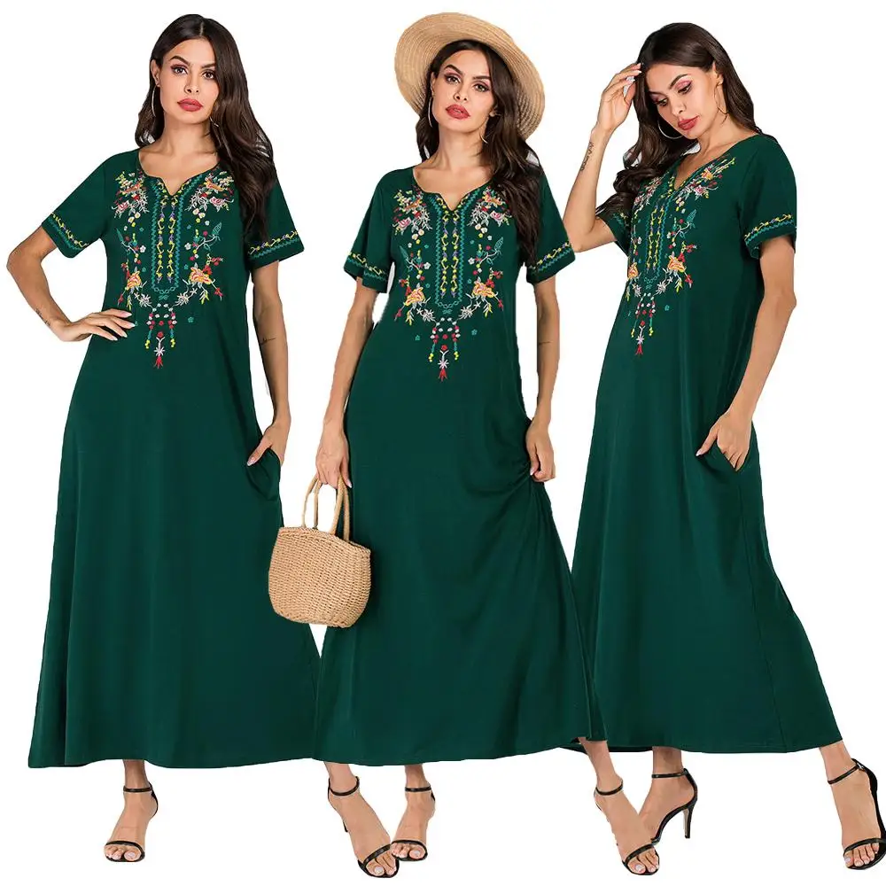 

Women Embroidery Short Sleeve Dress Muslim Abaya Islam Kaftan Dubai Arab Robe Gown Summer Dress With Pockets Ankle-Length Dress