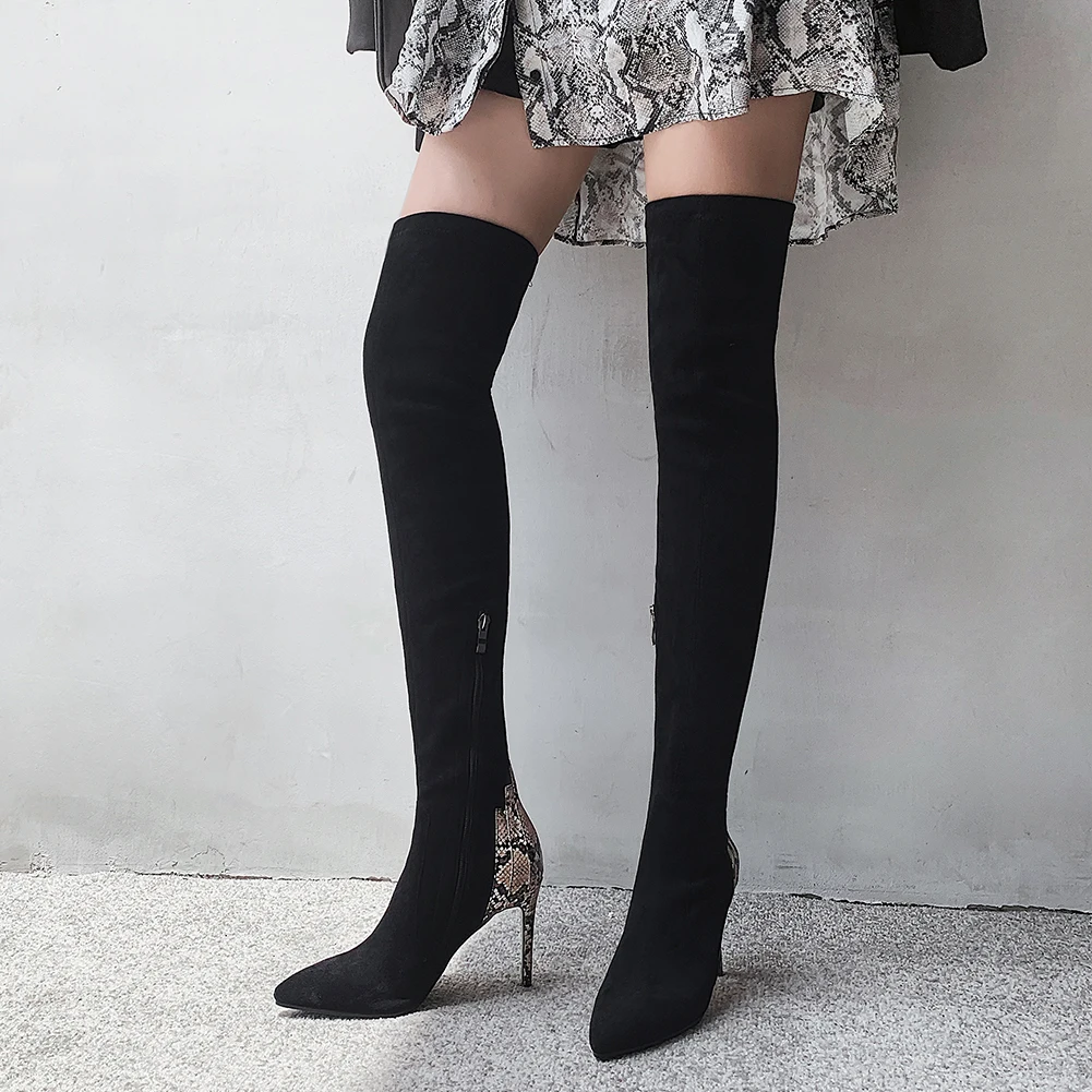 KARINLUNA Stretch Genuine Leather Flock Sexy Thin High Heels Ankle Boots Or Over The Knee Boots Women Shoes Woman