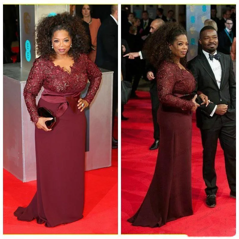 2018 Oprah Winfrey Burgundy Long Sleeves Lace Top Modest Mother of the Bride Evening Dresses Custom Plus Size Celebrity Red Carpet Gowns115