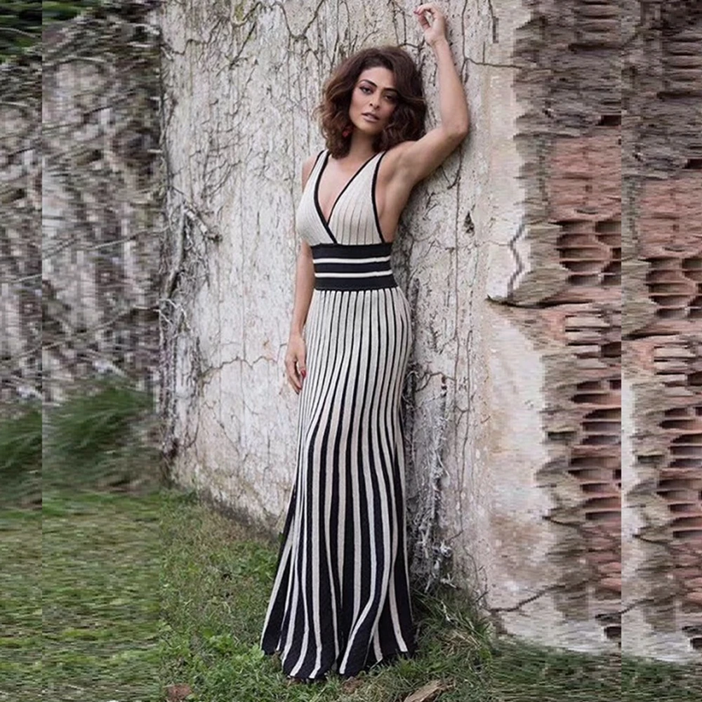 

New Summer Black With White Sleeveless Elegant 2019 Women V Nerck Mermaid Patchwork Long Maxi Celebrity Party EVening Vestidos