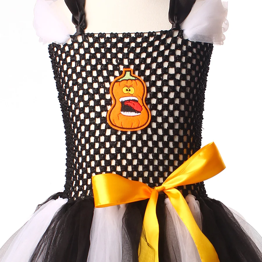 Kids Halloween TUTU Dress Girls Black White Tulle Costume with Pumpkin Mask (16)
