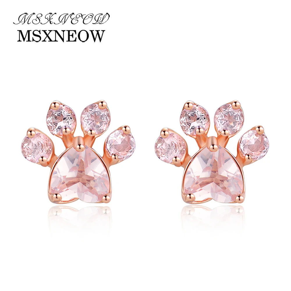 

MSXNEOW Stud Earring 100% Lovely Natural Claw Gemstone Heart Rose Quartz 925 Sterling Silver Fine Jewelry For Woman MEI040