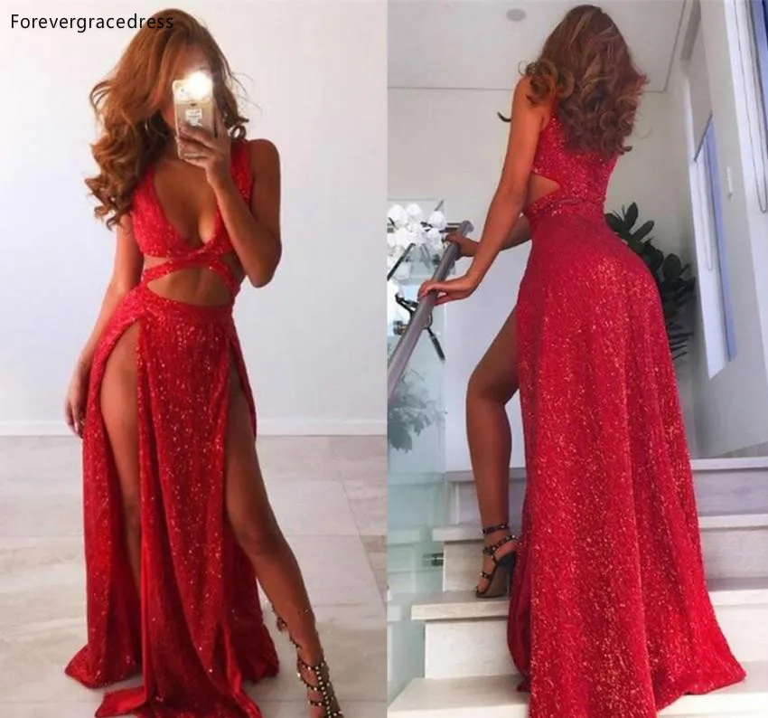 Sparkle Red Sequins Sexy Side Split Evening Prom Dresses 2019 Deep V Neck Cutaway Sides Reflective Party Gowns Vestidos BC0905  119 (6)