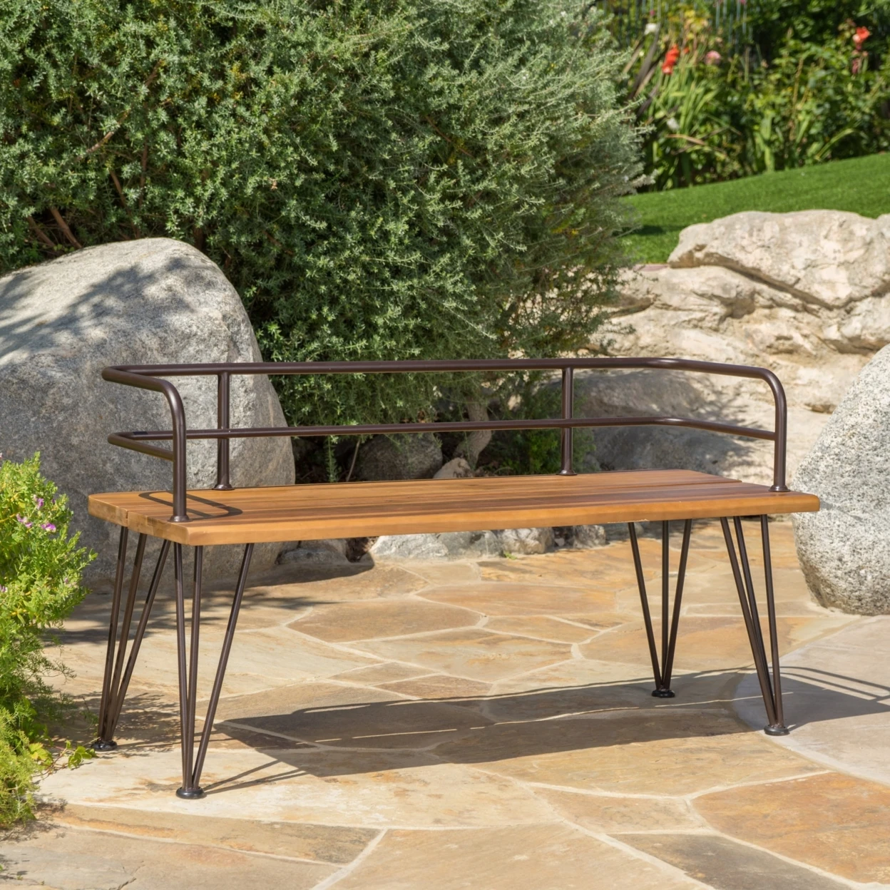 

Herres Outdoor Industrial Rustic Iron and Teak Finished Acacia Wood Bench