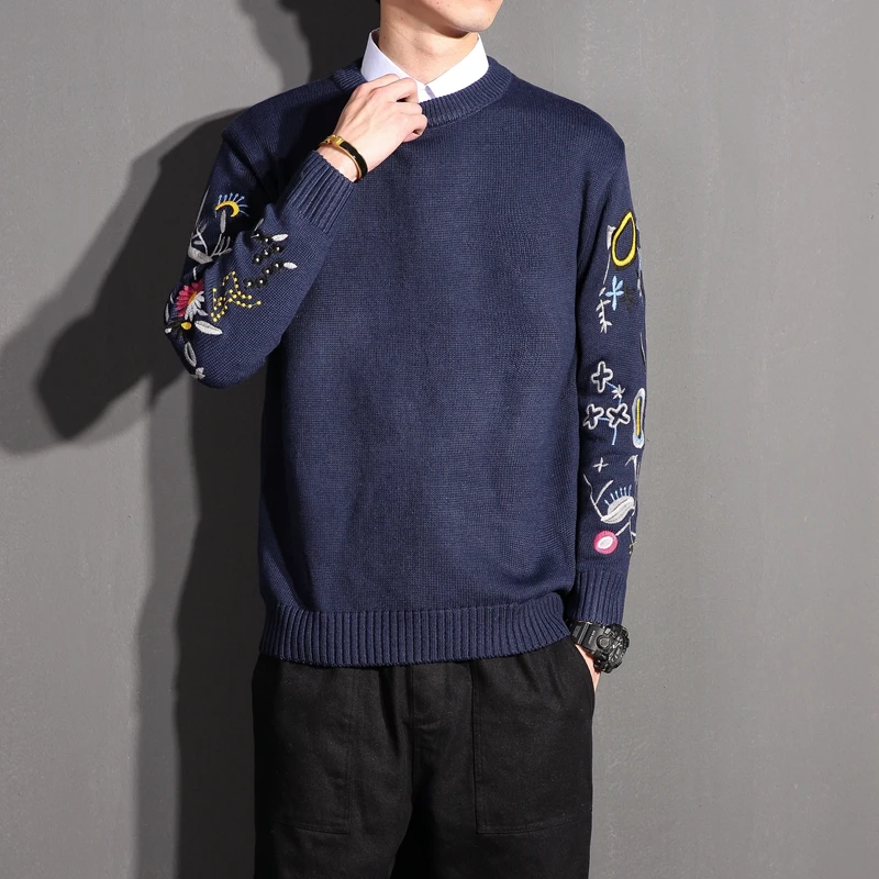 Sweaters men Z5119_P75 ~ kind model * sleeve embroidery flower Men round collar bigger sizes sweater M - 6 xl | Мужская одежда
