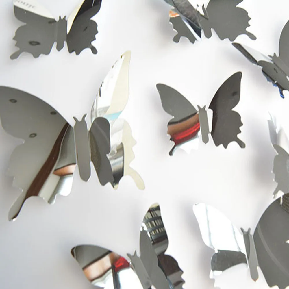 12 шт Бабочка серебряное зеркало украшение для дома комнаты искусство 3D DIY наклейки на стену горячая распродажа