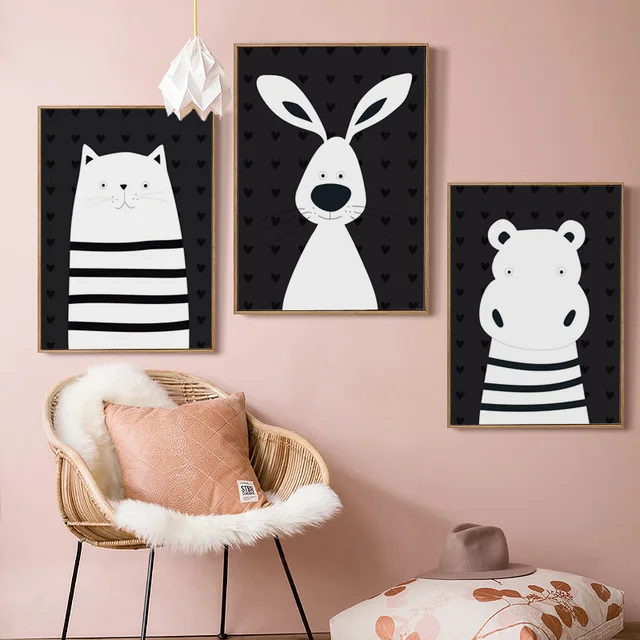 Canvas-Poster-Decor-Kids-Room-Printing-Wall-Black-White-Cartoon-Animal-Lovely-River-Horse-Bear-Rabbit.jpg_640x640