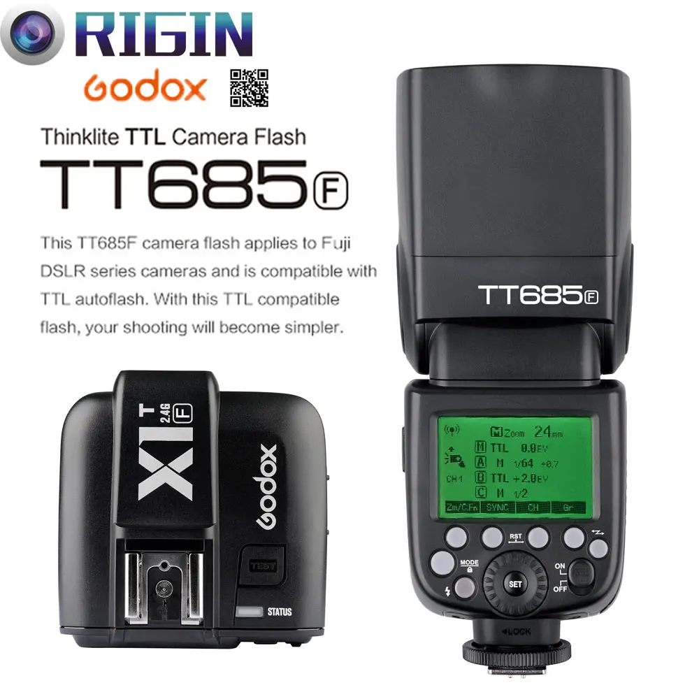 

In the Stock Godox TTL TT685F Camera Flash 2.4G wireless HSS 1/8000s GN60+X1T-F Transmitter Kit For Fuji X-Pro2/X-T20/X-T1/X-T2