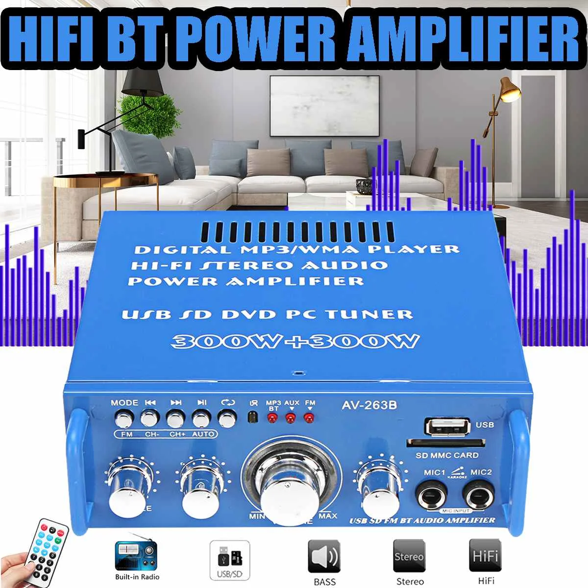 

600W 2CH HIFI Power Amplifier Audio Theater Sound System FM Stereo Radio bluetooth Mini Amplifiers for Car/Home 12/110/220V