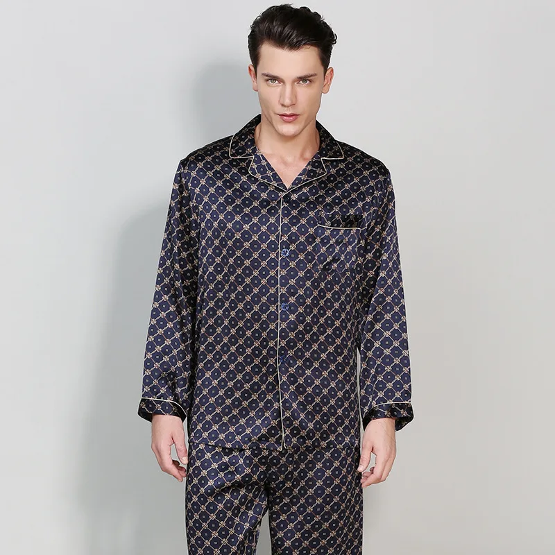 2020 New Man's Autumn Winter Two-Piece Genuine Silk Pajama Sets Spring Summer Long-Sleeve Long Pants Silk Sleepwear Male T9016