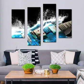 

4 Panel Combination Guitar In Blue And Waves Beautiful Wall Art Painting On Canvas Music Pictures For Home Decor Gift