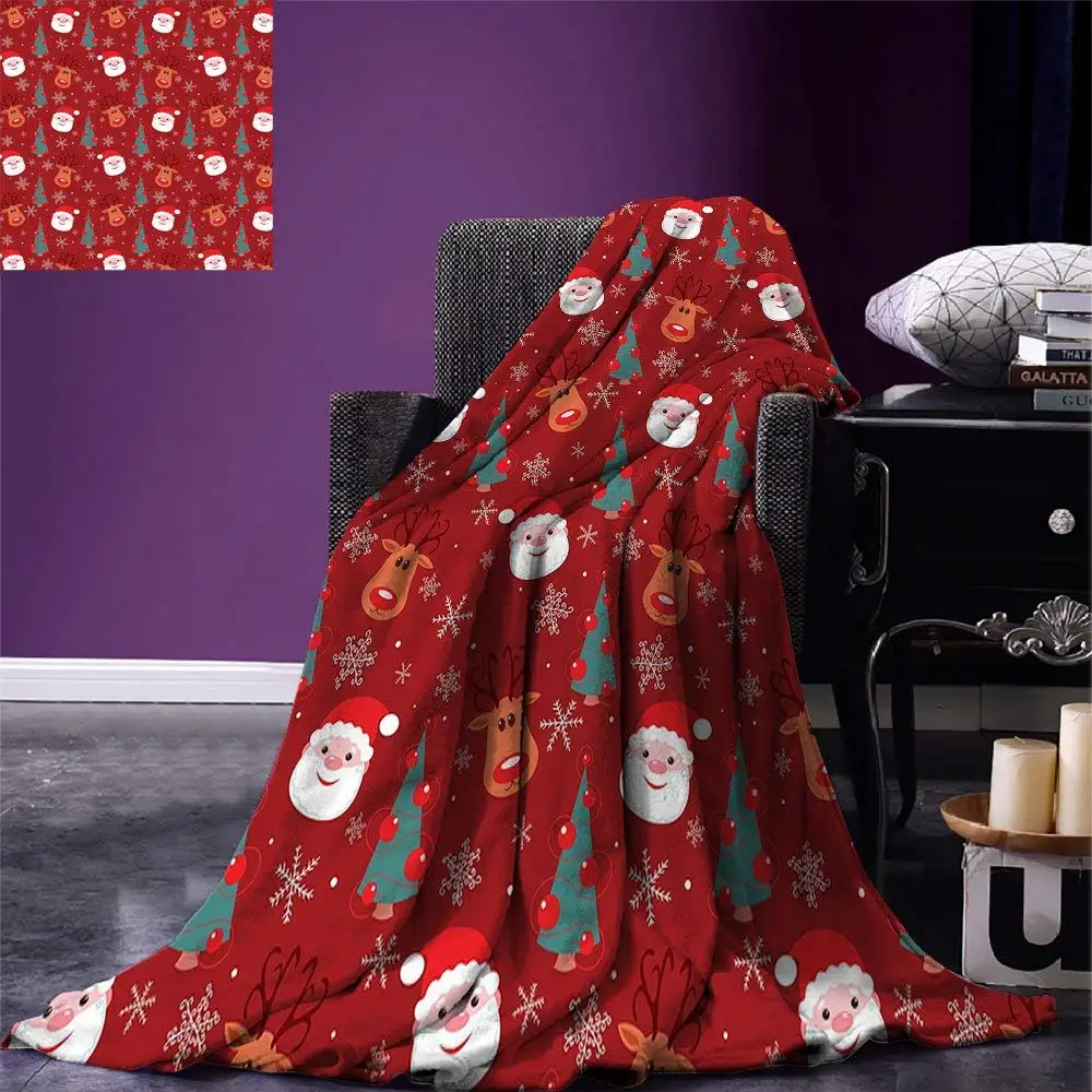 

Red Throw Blanket Smiling Cartoon Santa with Rudolph Tree and Snowflakes Merry Christmas Holiday Warm Microfiber