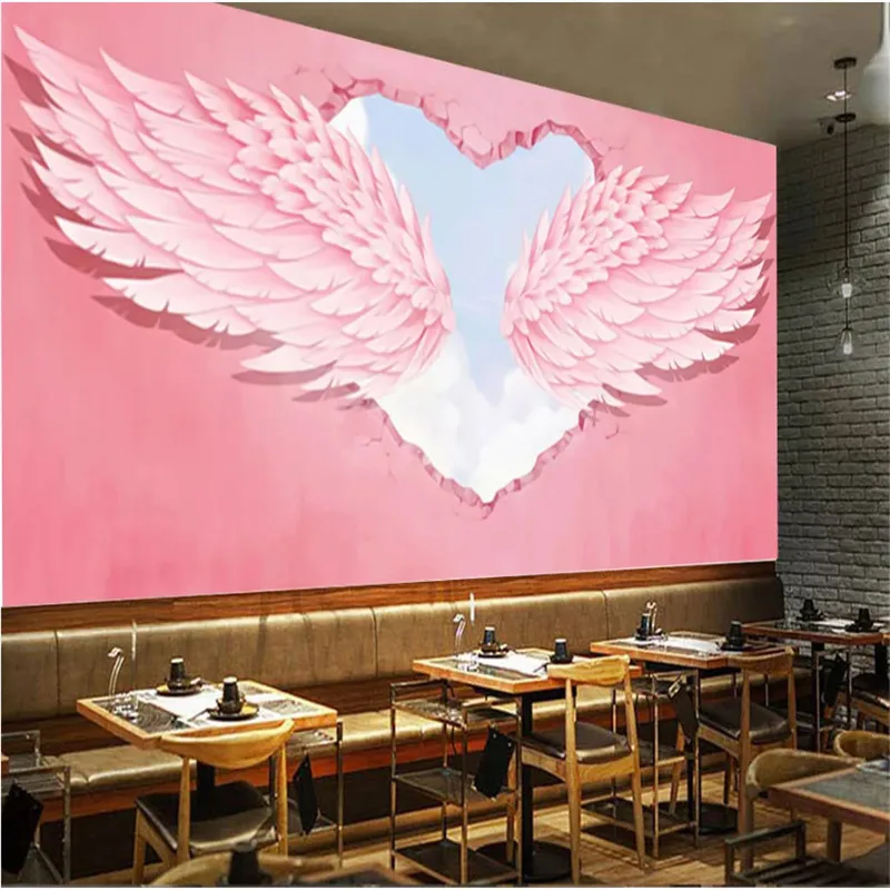 Современная мода Ins 3D розовое сердце Крылья Ангела промышленное оформление, фотообои горячий Онлайн Поиск красная кафе Кондитерская обои 3D