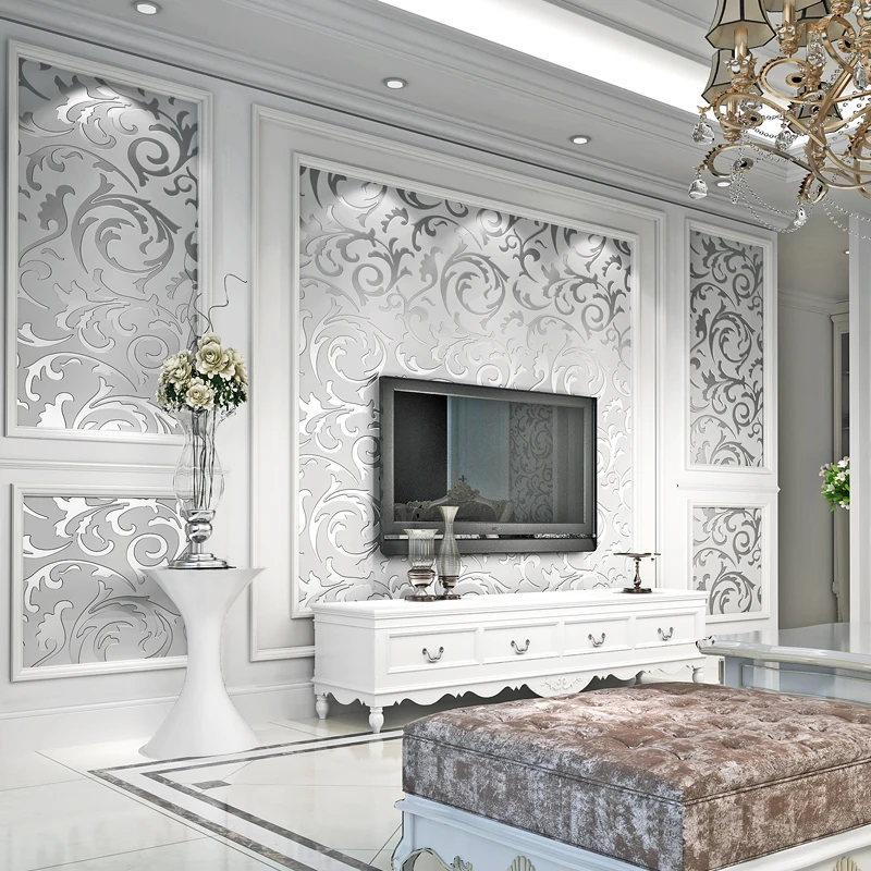 Европейский стиль Нетканая настенная бумага 3D тисненая Серебряная Золотая листовая прокрутка настенная бумага для гостиной спальни
