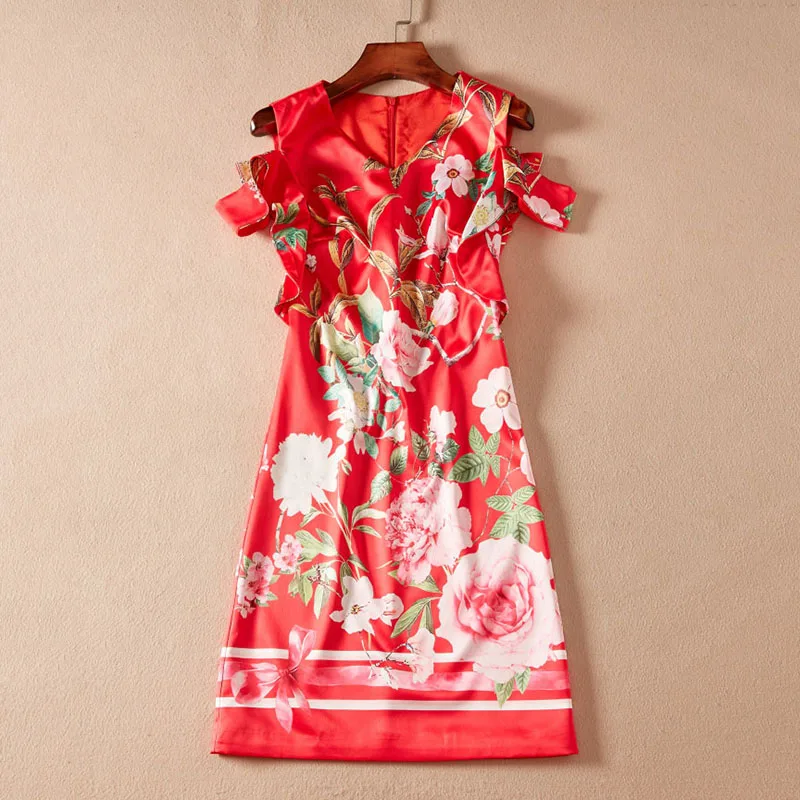floral red dress sleeveless tank dresses 2018 fashion high quality women
