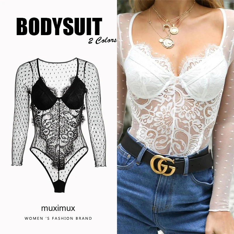 Ucuz Muximux 2018 Sonbahar Kadın Streetwear Seksi Dantel Bodysuit Yaz Moda ...