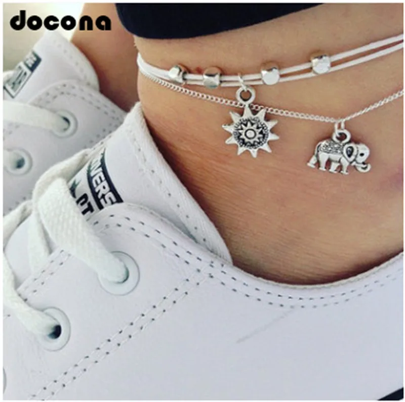 

Docona Boho Sun Elephant Beads Anklets for Women Girl Metal Layered Charms Anklet Sandals Barefoot Bohomian Jewelry 4784