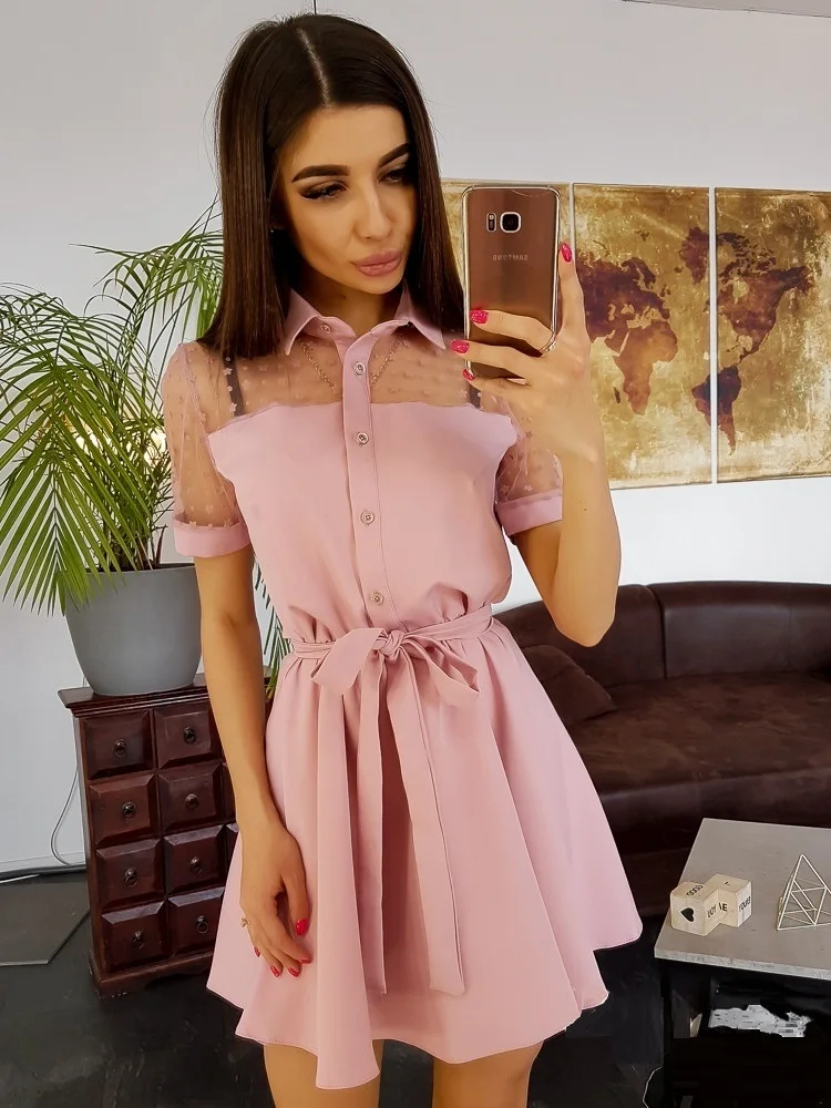 Летнее платье 2019 женское кружевное лоскутное в горошек офисное дамское