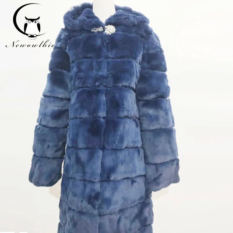 

Winter new real Rex rabbit fur coat with cap long paragraph warm soft long fur coat women's Christmas dress wholesale custom