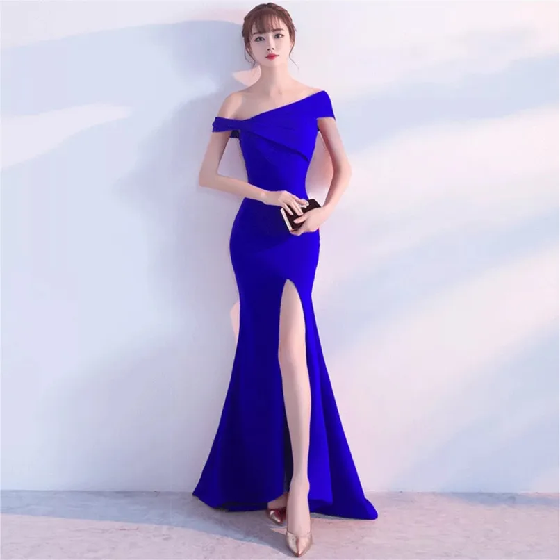 Весна-лето, элегантное женское сексуальное однотонное вечернее платье с вырезом лодочкой, тонкое длинное платье - Цвет: blue