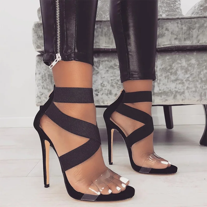 

2019 Women Gladiator Sandals Sexy High Heel Shoes Female Zip Ankle Wrap Pumps Fashion Black Snake Party Shoes Ladies Summer