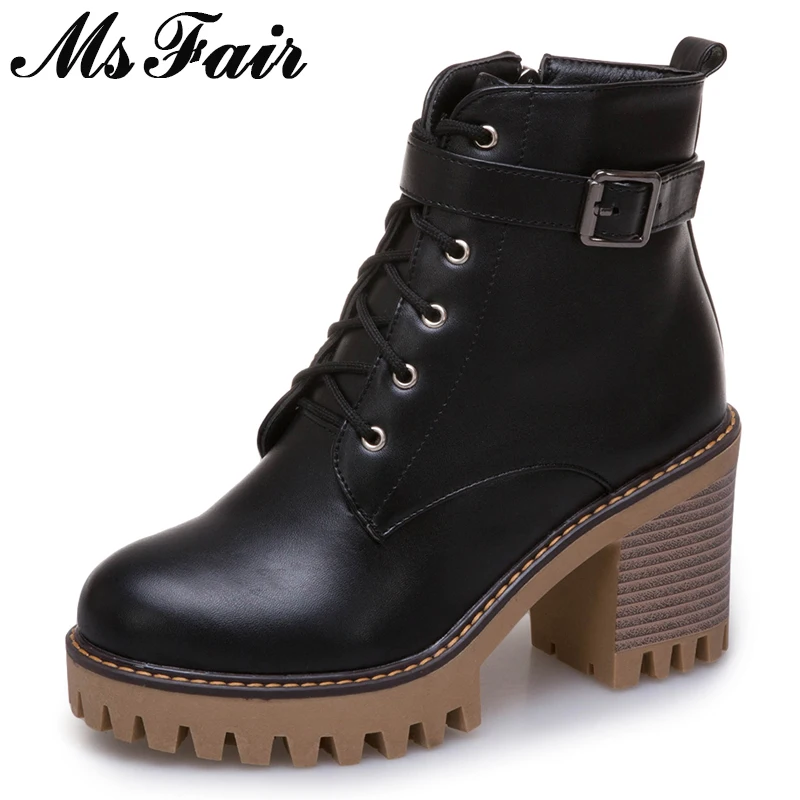 

MsFair Round Toe Square heel Women Boots Zipper Buckle High Heel Ankle Boots Women Shoes Winter Short Plush Boot Shoes For Girl