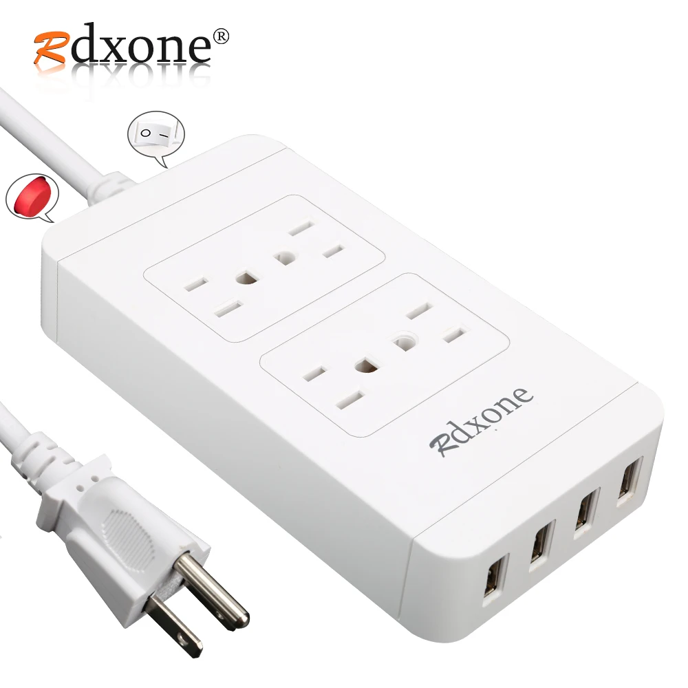 

Сетевой удлинитель с USB,Rdxone, 4 выхода, с сетевым шнуром 4 USB 6 футов, 1700j-белый