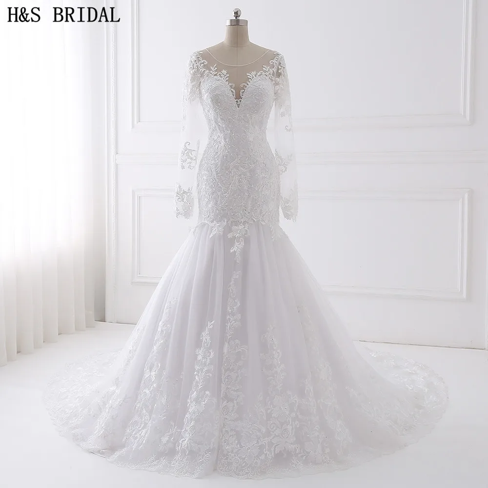 

H&S BRIDAL Long Sleeve wedding dress mermaid 2018 Beaded Embroidered Lace Wedding Dresses Vestido De Noiva China Wedding Gown