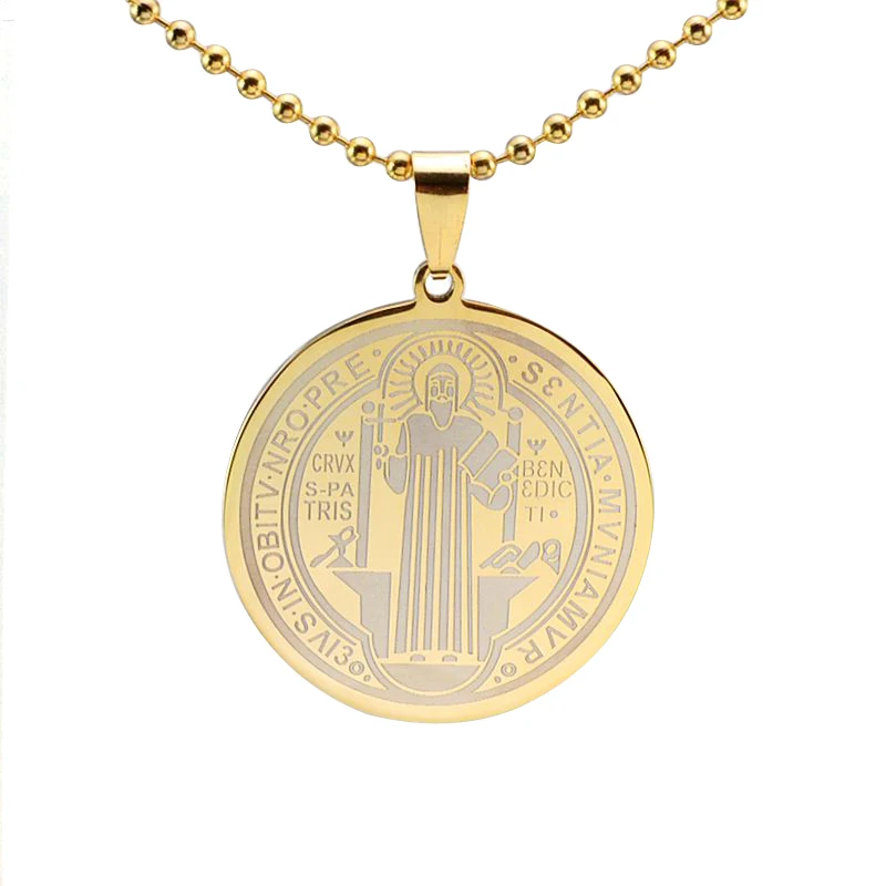 

Men's Golden Tone Stainless Steel Patron Saint St. Benedict Holy Medal Pendant Necklace Free Chain 60CM Long