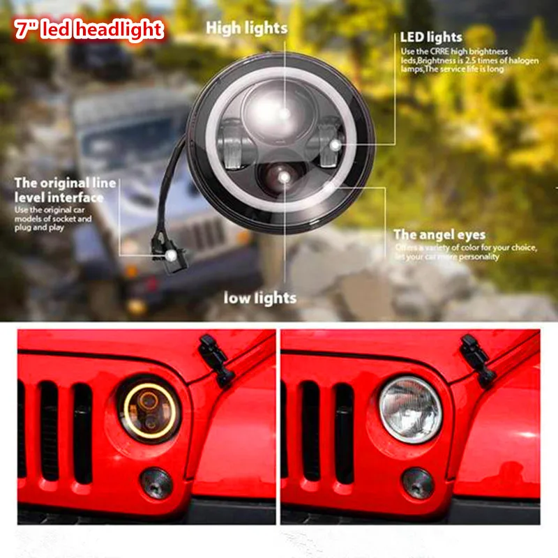 

Wrangler JK LJ TJ 7 Inch Round LED Headlight White Halo For Harley Motorcycle moto Angel Eye & DRL LED Projection Kit