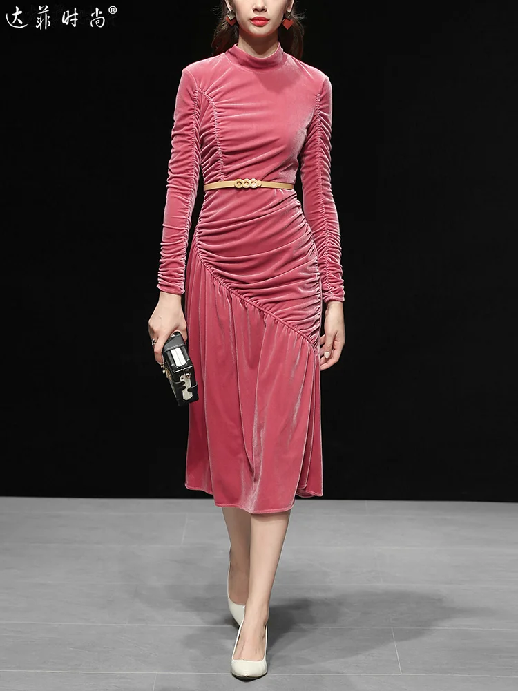 Осенне-весеннее дизайнерское подиумное платье, женское высококачественное винтажное платье с длинным рукавом, платье с оборками и русалкой, розовое бархатное платье