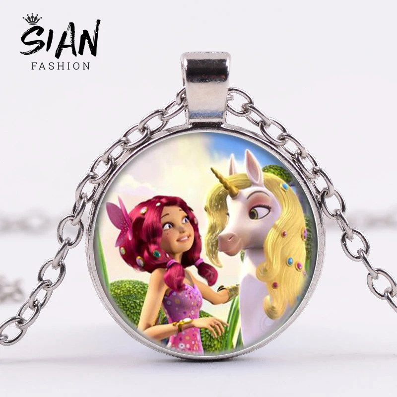 

SIAN Fashion Anime Mia and Me Necklace Pegasus Fairy Printed Time Gem Necklace for Girls Kids Jewelry Theme Party Gift Trinkets