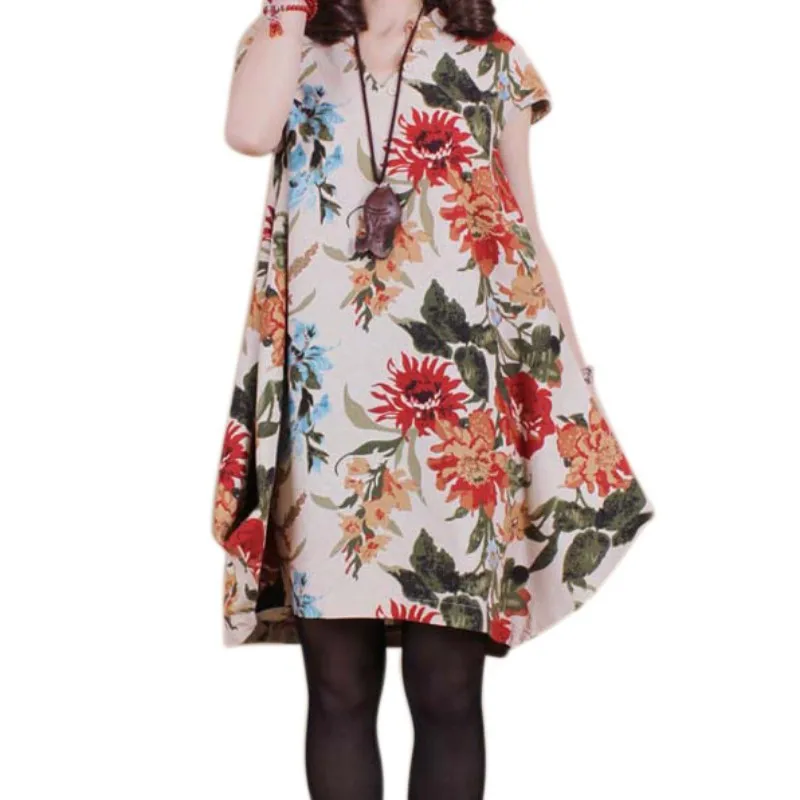 

Women Floral Print Beach Dresses Summer Casual Vintage Fashion Tops Elegant Midi Dresses Plus Size
