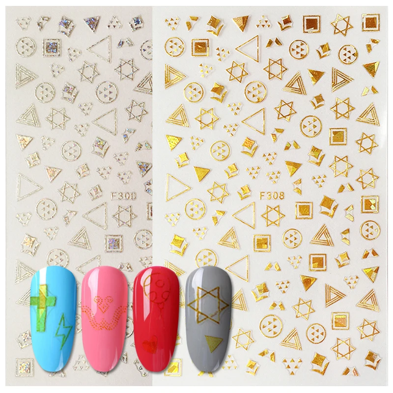 

1pcs Gold Silver Laser 3d Adhesive Nails Art Sticker Tips Decals DIY Shiny Cute Shape Mixed Designs Manicure SAF305-312