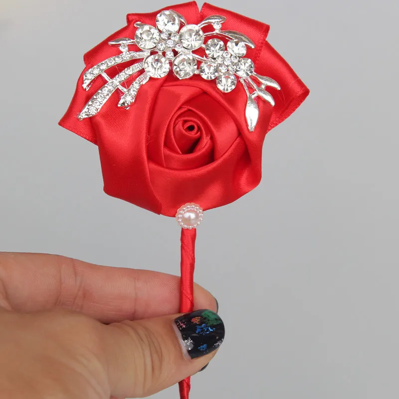 Бургундия атласная роза Свадебный корсаж для жениха бутоньерка DIY кристалл брошь свадебное украшение невесты best для человека XH001-4 - Цвет: red