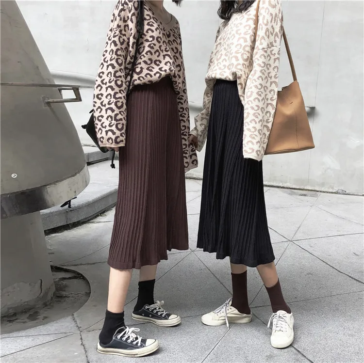 Winter Women Midi Skirts Korean Casual Ladies Solid Knitted Knit Thick A-line Flare High Waist Sweater Skirt Women