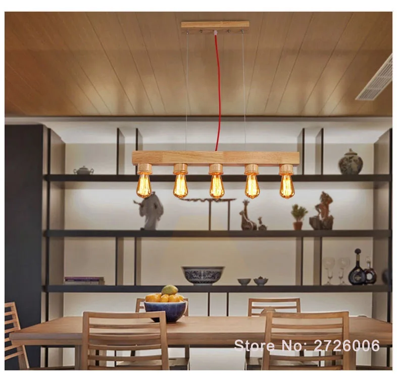 

Nordic Vintage Oak Solid Wood Pendant Lamp E27 LED 80CM Rectangle Wooden Hanging light with 5 Edison Bulbs for Living Room Bar