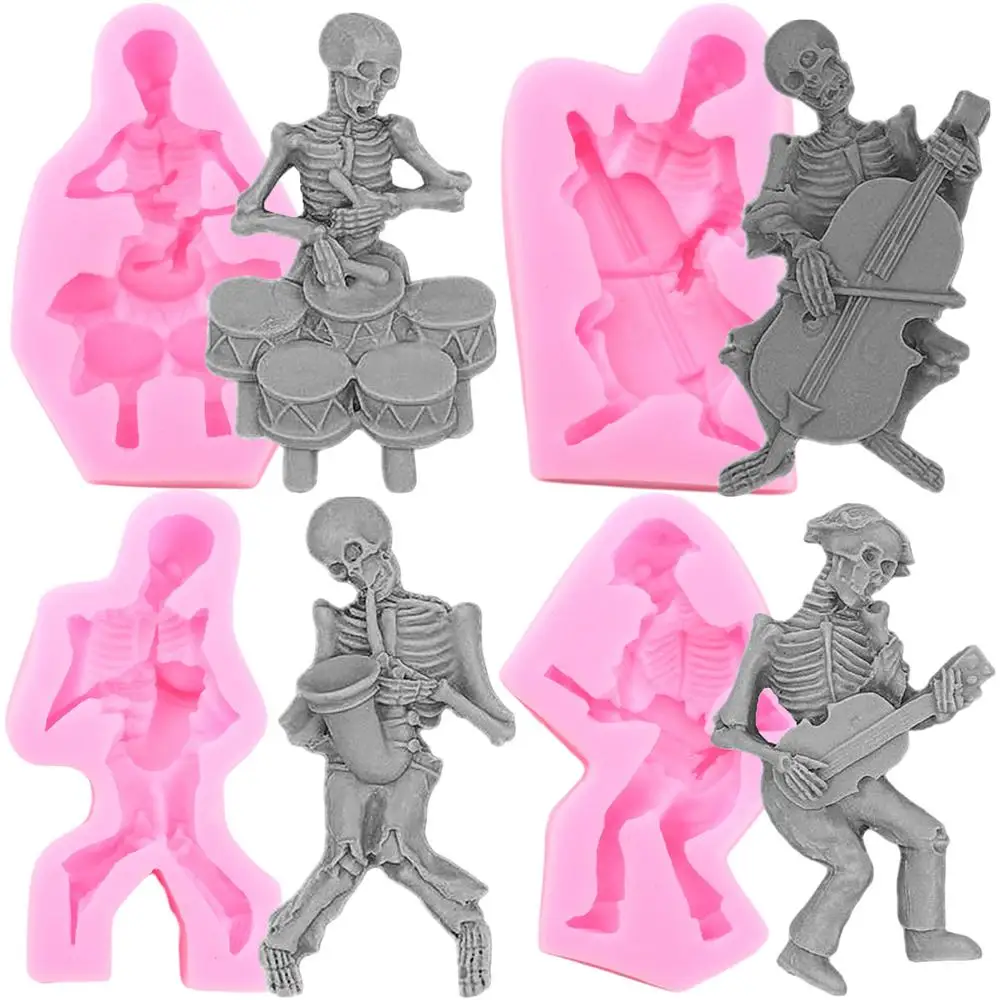 3D Skeleton Skull Cake Silicone Molds Musical Instrument Halloween Fondant Cake Decorating Tools Candy Chocolate Gumpaste Mould