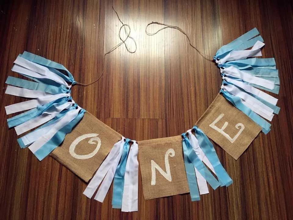 Pale Blue Burlap One Banner Gender Neutral Highchair Bunting Boy