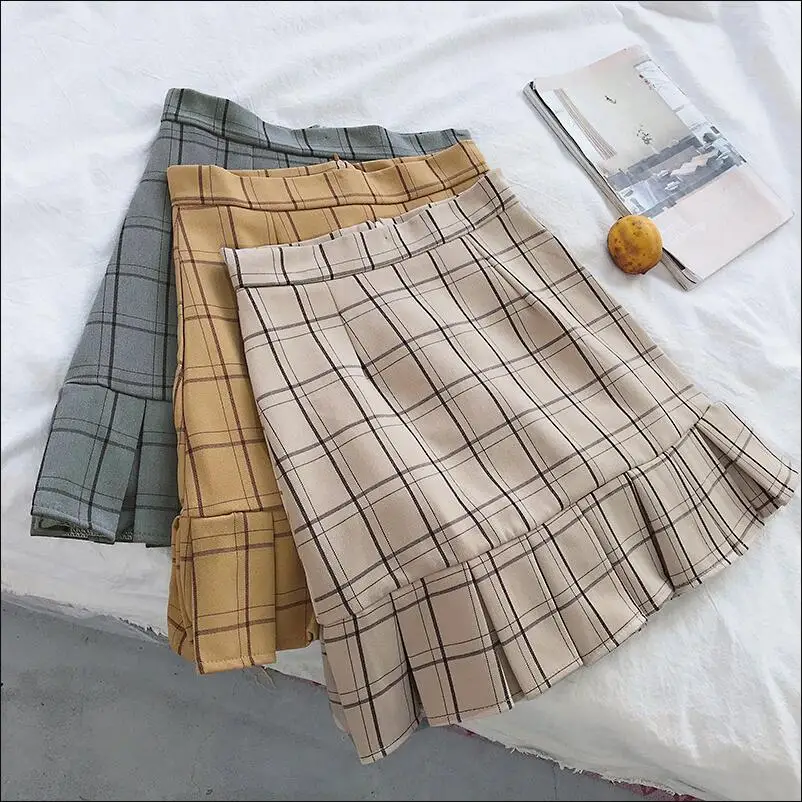 

Summer new plaid pleated fishtail skirt college wind high waist a word skirt