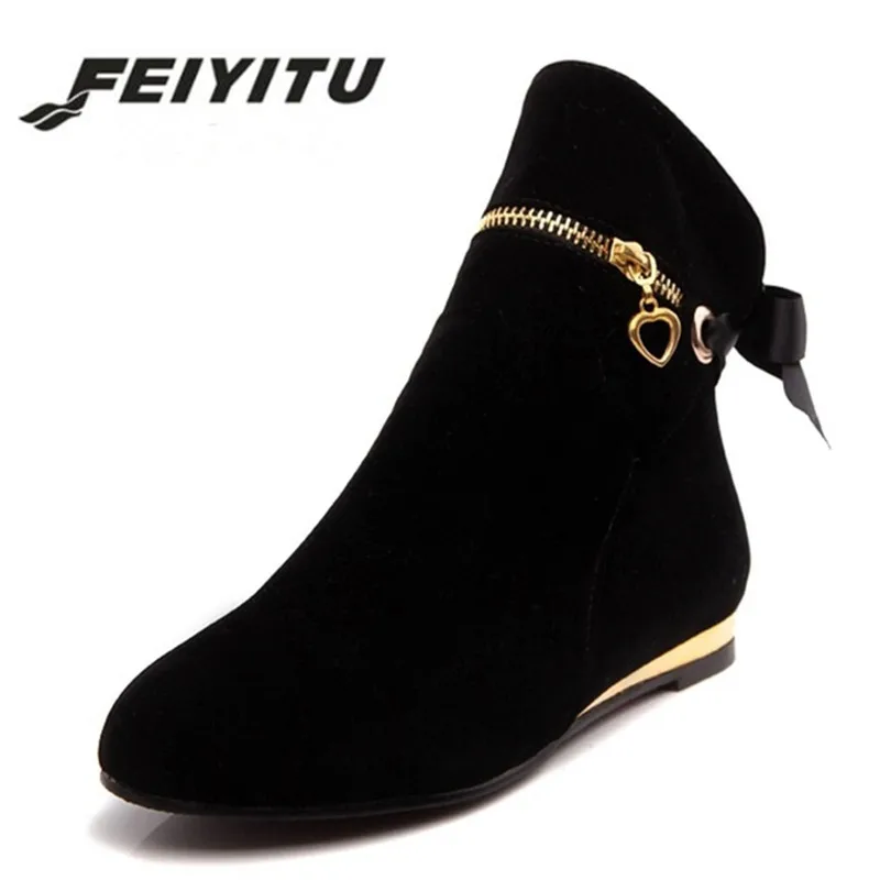 

feiyitu style cute five colors 43 large size autumn winter boots suede bow shoes for women short round toe solid ankle boots
