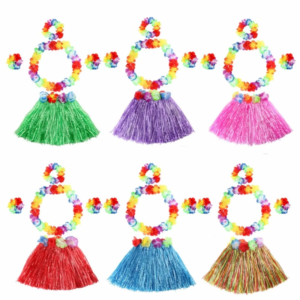 Kids Hawaiian Grass Hula Lei Skirt Flower Costume Setin Holidays