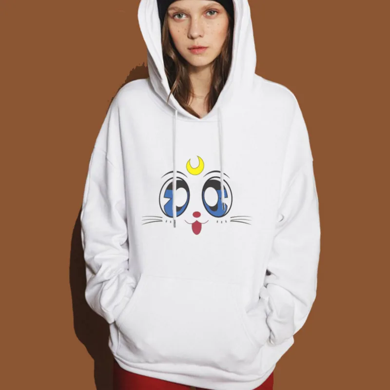 

Women Hooded Sweatshirt Sailor Moon Luna Cat Printed Long Sleeve Casual Loose Hoodies Spring Autumn Tops Plus Size XXL