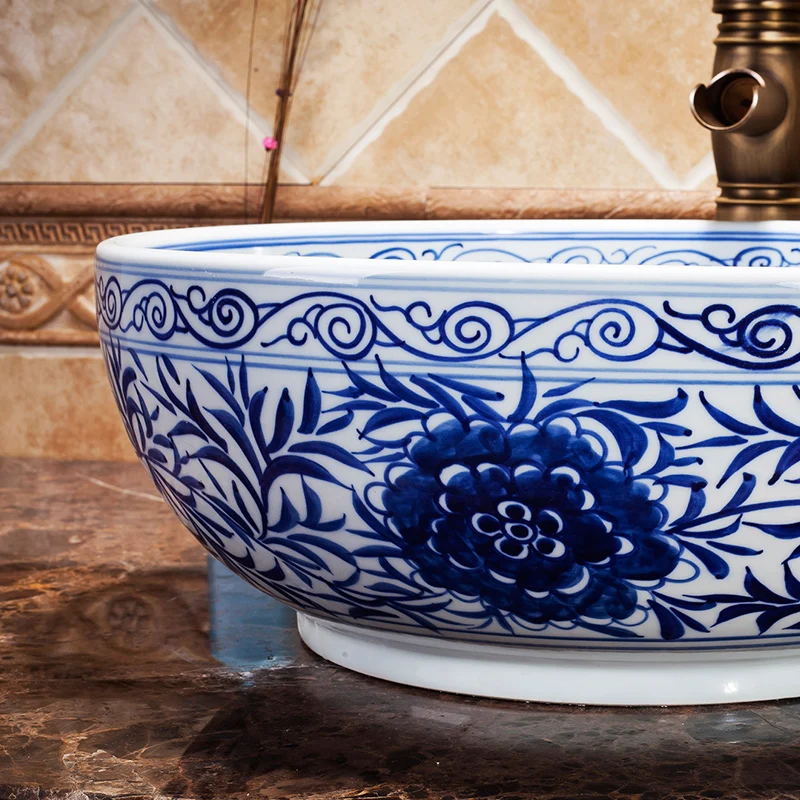 Blue And White China Artistic Handmade Ceramic wash basin Lavobo Round Counter top ceramic wash basin bathroom sinks (4)