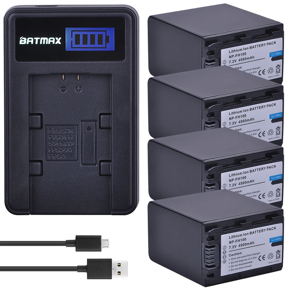 Batmax 4x4500 мАч NP-FH100 батареи+ ЖК-дисплей USB Зарядное устройство для sony NP FH100 FH30 FH50 FH70 FH90 HDR-CX12E, HDR-CX7E, HDR-SR10E