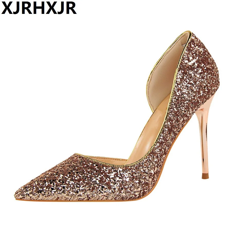 

XJRHXJR 2019 Pointed Toe Women Pumps Bling High Heels Women Pumps Glitter High Heel Shoes Woman Sexy Wedding Shoes Gold Silver