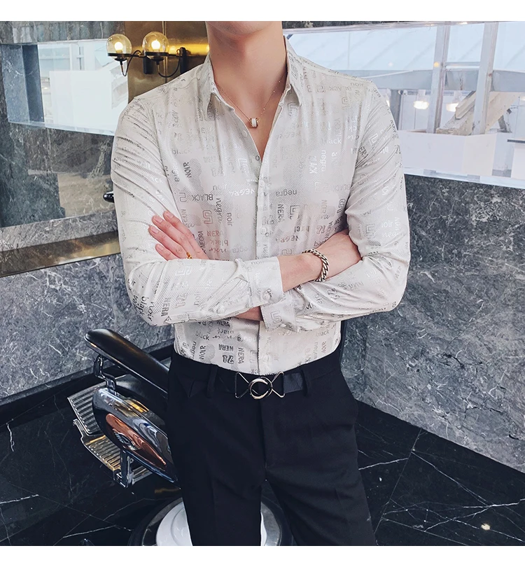 Camisa Social, приталенные, серебристые, золотые, с принтом, рубашки, Camisa MasculinaRopa De Hombre, повседневные рубашки, мужские Клубные рубашки, дизайнерские