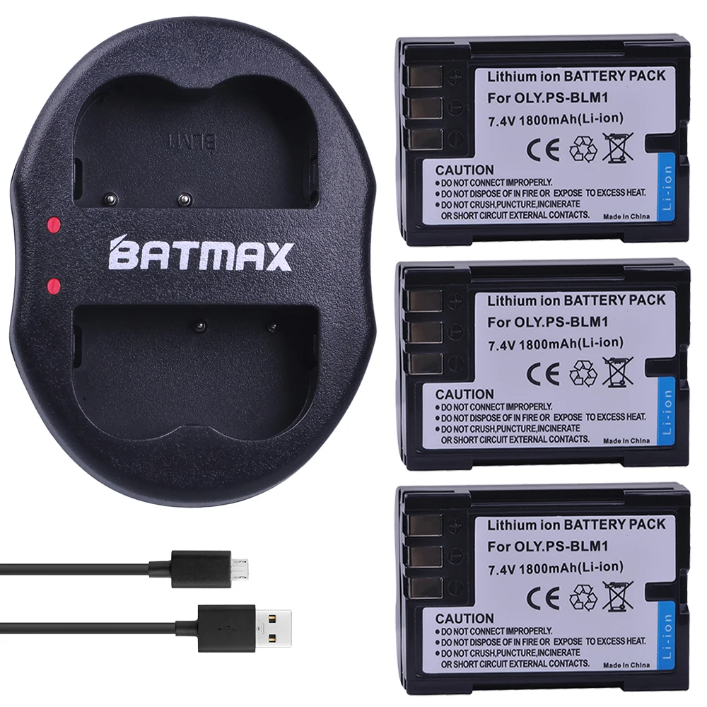 Batmax 3Pc 1800Mah Ps-Blm1 Blm-1 Ps Blm1 Batterie Per Foto/Videocamera + Dual Usb Caricabatteria Per Olympus E-300 E-330 E-500 E-510 C-5060 C-7070 C-8