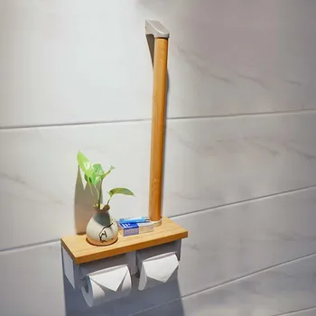 

Bathroom toilet paper holder double roll wooden bathroom paper towel rack with armrests can put mobile phone LO64246